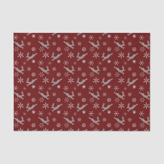 Cute Burgundy Flying Reindeer Snowflakes Christmas Tissue Paper (Front)