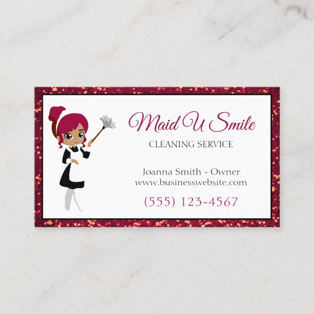 Cute Burgundy Glitter Cleaning Maid Service Business Card (Front)
