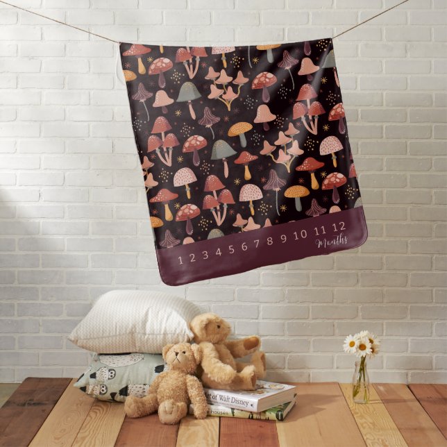 Cute Burgundy Mushroom Pattern Baby Milestone Blanket (In Situ)