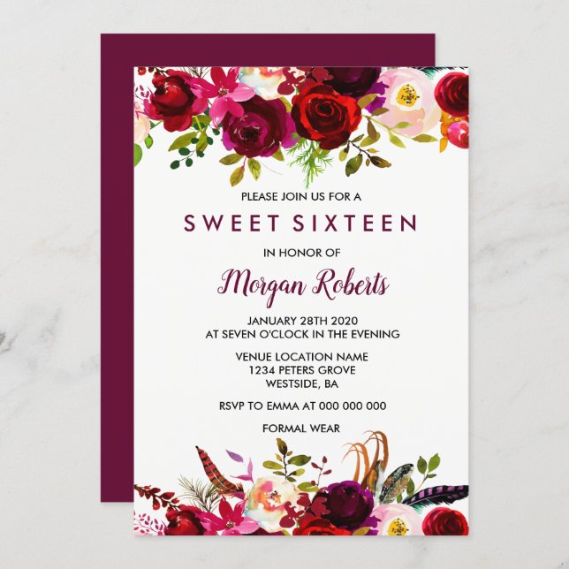 Cute Burgundy Red Floral Sweet 16 Party Invite (Front/Back)