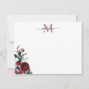 Cute Burgundy Red Rose Christmas Floral Monogram Note Card