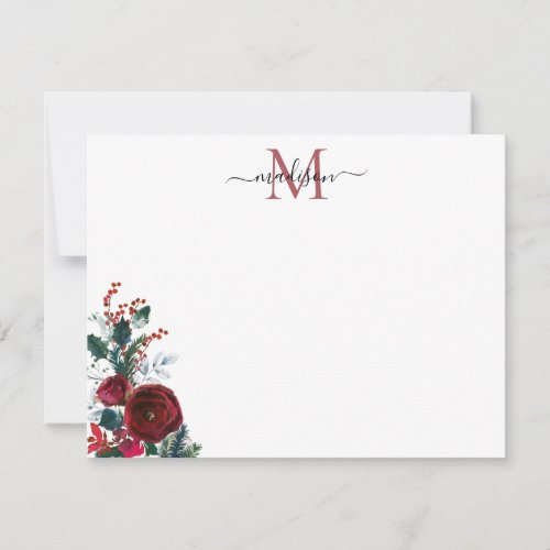 Cute Burgundy Red Rose Christmas Floral Monogram Note Card