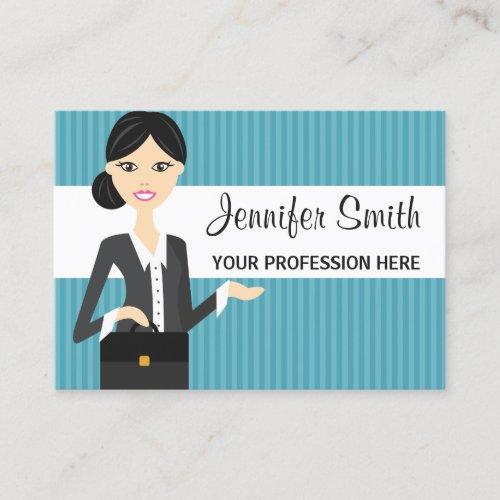 Cute Business Woman Illustration With Black Hair Business Card Templates