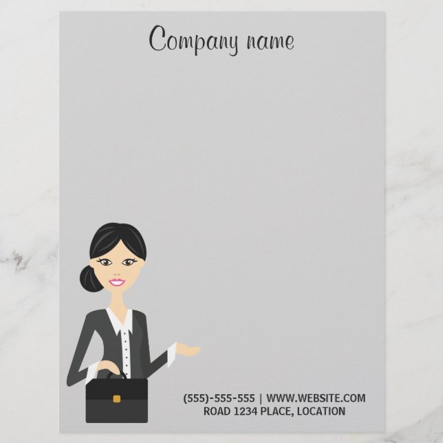 Cute Business Woman Illustration With Black Hair Letterhead (Front)