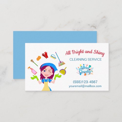 Cute Busy Cartoon Maid Cleaning Service Business Card