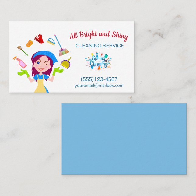 Cute Busy Cartoon Maid Cleaning Service Business Card (Front/Back)
