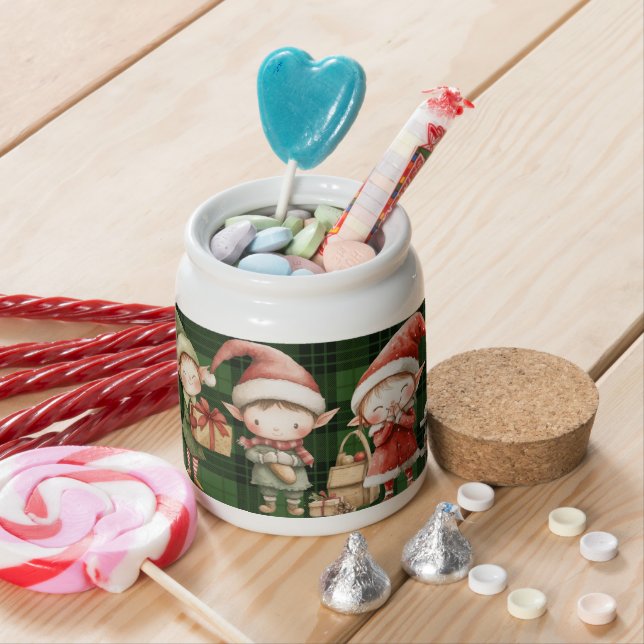 Cute Busy Elves Christmas Green Plaids Candy Jar (In Situ)