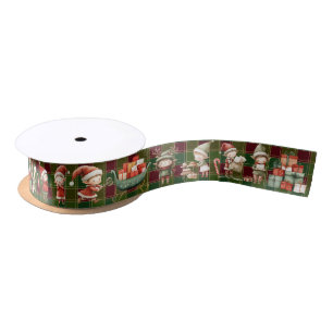 Cute Busy Elves Christmas Green Red Tartan Satin Ribbon