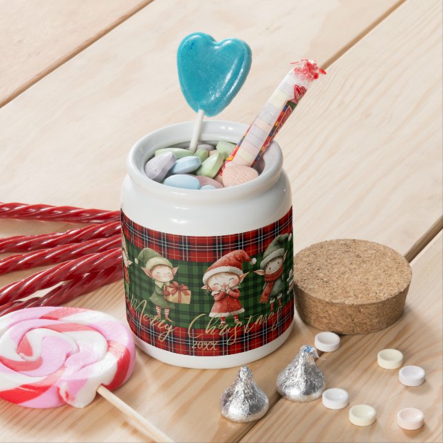 Cute Busy Elves Merry Christmas Green Red Plaids  Candy Jar (In Situ)