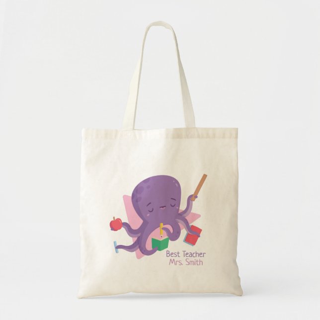 Cute Busy Octopus Best Teacher Personalized Tote Bag (Front)