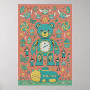 Cute Busy Teddy Bear Illustration Poster