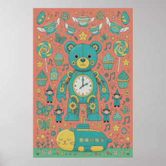 Cute Busy Teddy Bear Illustration  Poster