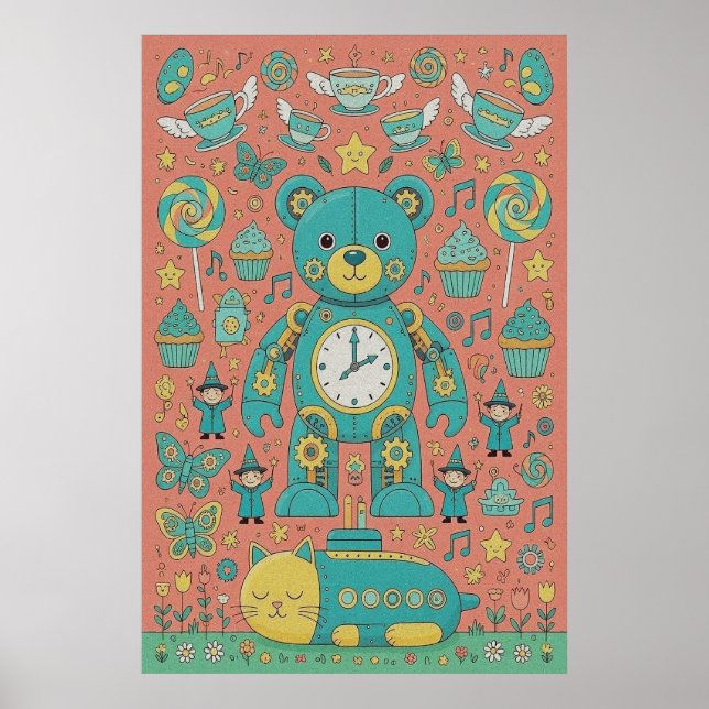Cute Busy Teddy Bear Illustration  Poster (Front)