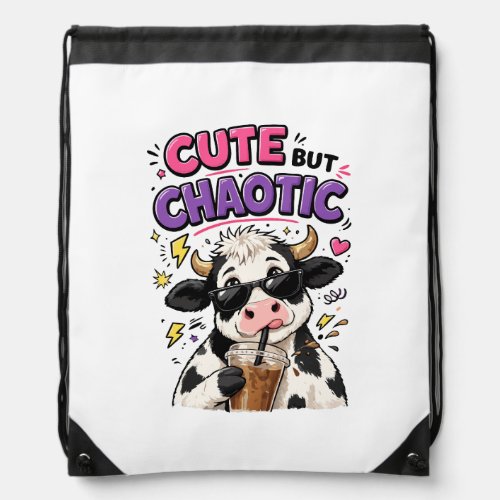 Cute but chaotic cow with iced coffee drawstring bag