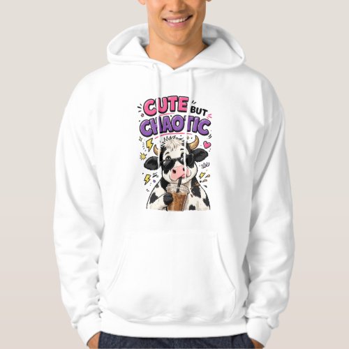 Cute but chaotic cow with iced coffee hoodie