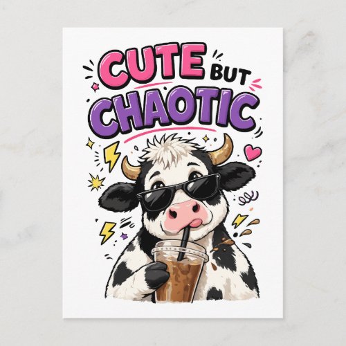Cute but chaotic cow with iced coffee postcard