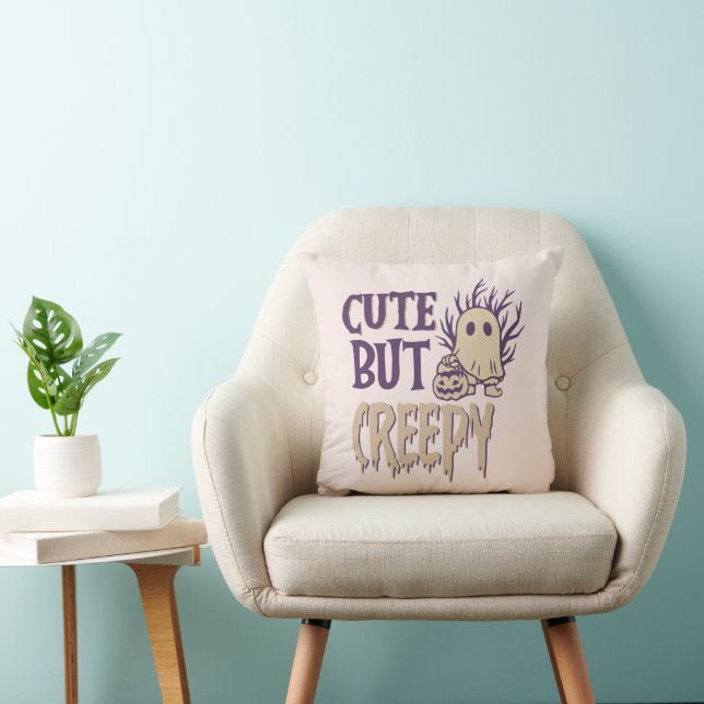 Cute But Creepy Ghost Pumpkin Cream Halloween Throw Pillow (Chair)