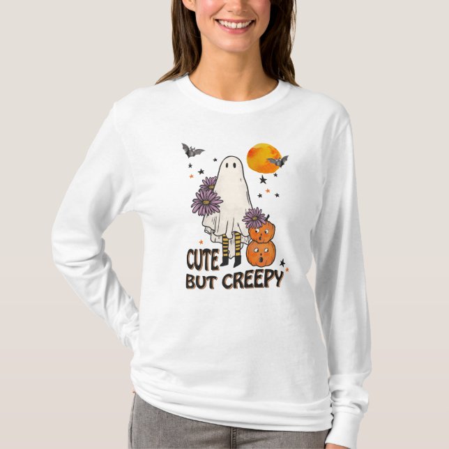 Cute But Creepy Ghost, Pumpkins & Bats T-Shirt (Front)