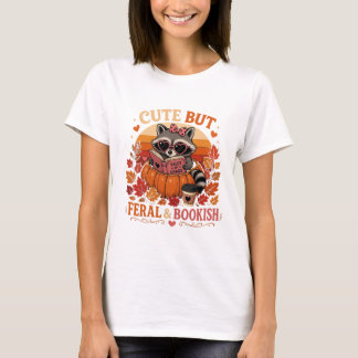 Cute But Feral And Bookish Raccoon Pumpkin Reading T-Shirt