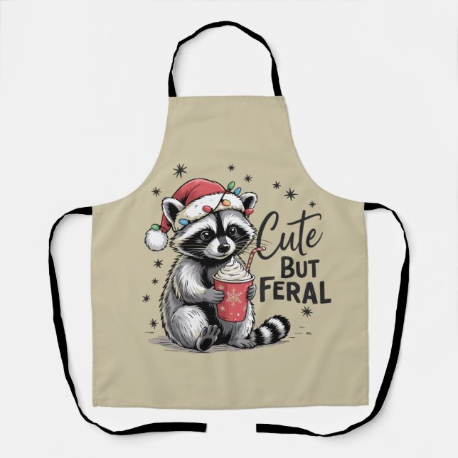 Cute But Feral Christmas Raccoon Cute Animal Xmas Apron (Front)