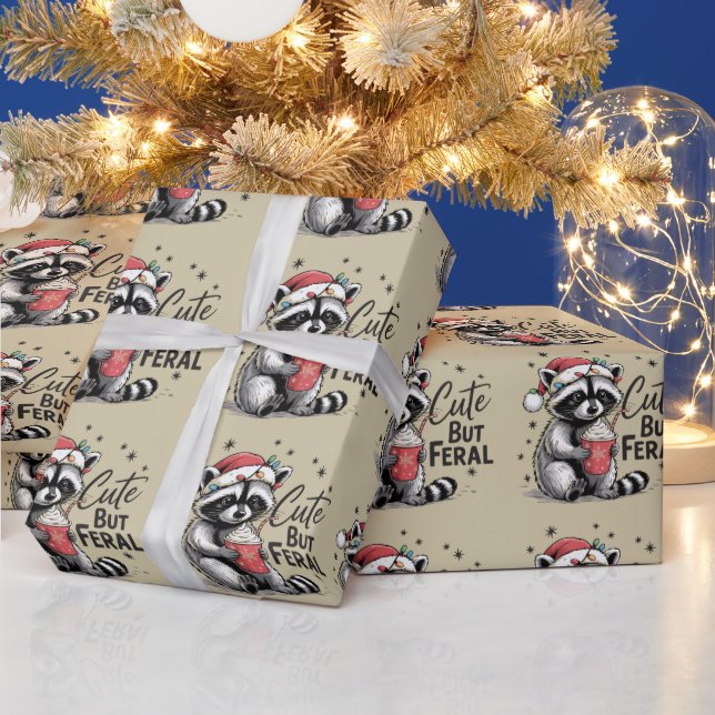 Cute But Feral Christmas Raccoon Cute Animal Xmas Wrapping Paper (Holidays)