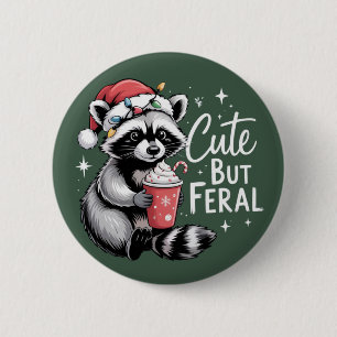 Cute But Feral Christmas Raccoon Funny Animal Button