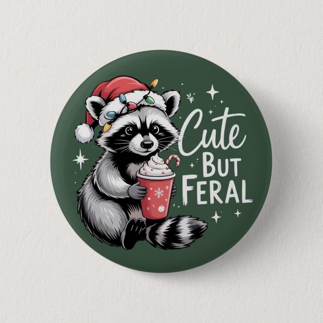 Cute But Feral Christmas Raccoon Funny Animal Button (Front)