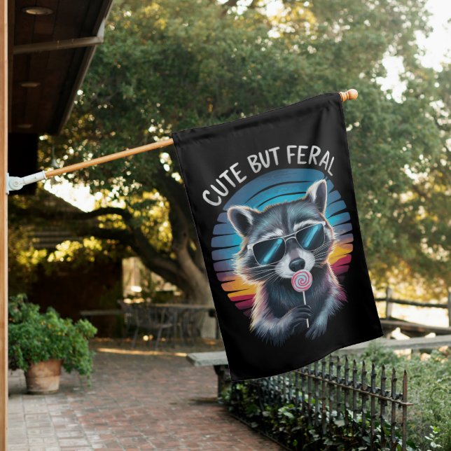 Cute But Feral Funny Raccoon House Flag (In SItu)