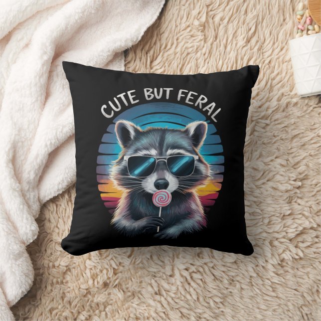 Cute But Feral Funny Raccoon Throw Pillow (Blanket)