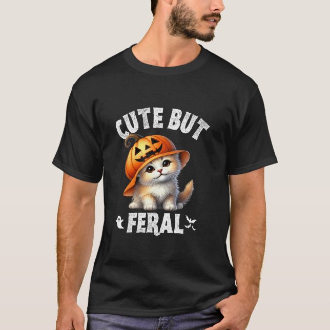 Cute But Feral Kitten Cat Lovers Pumpkin Hat Hallo T-Shirt (Front)