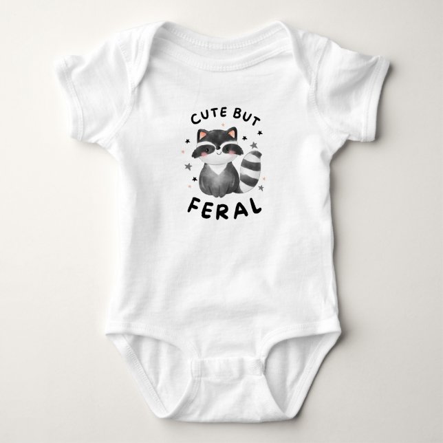 Cute But Feral, Meme Funny Raccoon Baby Bodysuit (Front)