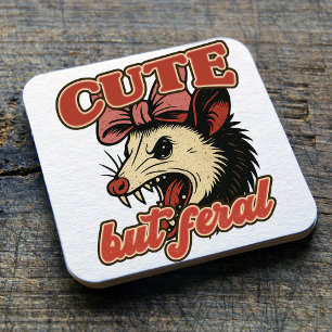 Cute But Feral Possum: Vintage Sarcastic Humor Square Paper Coaster