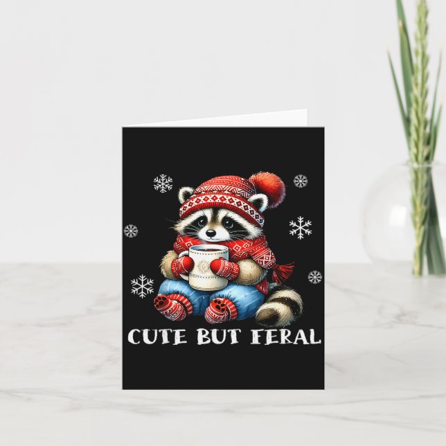 Cute But Feral Raccoon Drink Hot Cocoa Christmas W Card (Front)