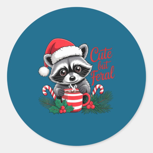 Cute But Feral Raccoon With Santa Hat Xmas Cute Ch Classic Round Sticker (Front)