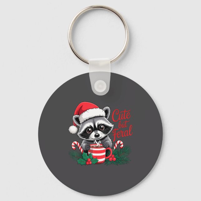 Cute But Feral Raccoon With Santa Hat Xmas Cute Ch Keychain (Front)