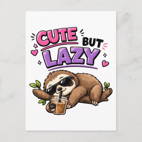 Cute but lazy sloth with iced coffee postcard