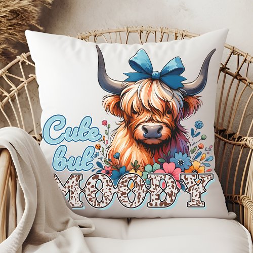 Cute But Moody Retro Cow Blue Floral Vintage Throw Pillow