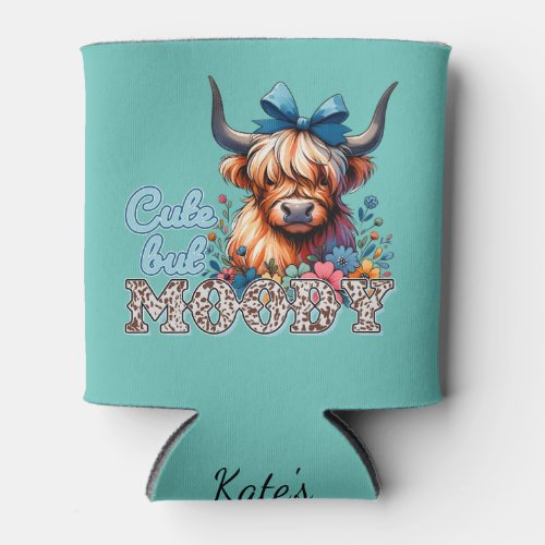 Cute But Moody Retro Cow Floral Watercolor  Can Cooler