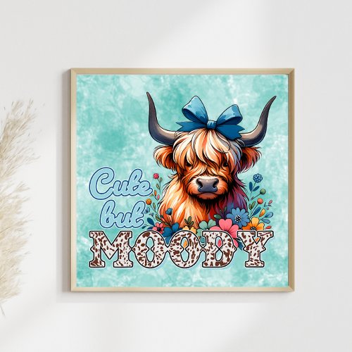 Cute But Moody Retro Cow Floral Watercolor  Poster