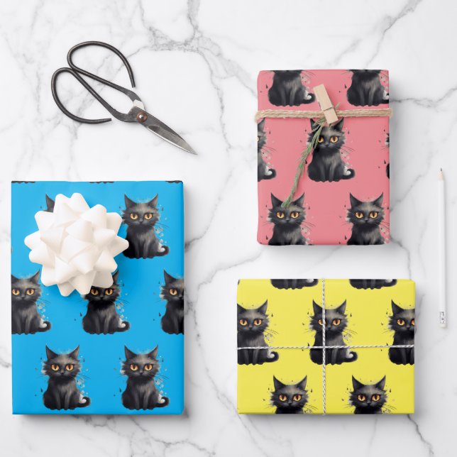 Cute But Scary Black Cat Design Wrapping Paper Sheets (Front)