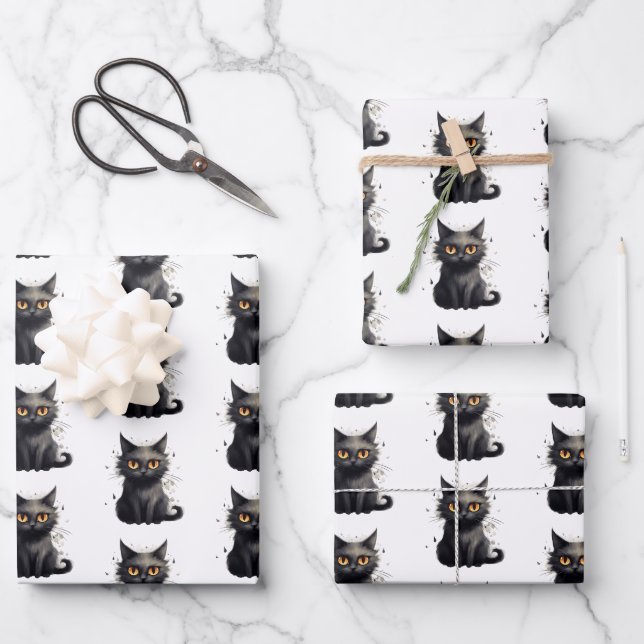 Cute But Scary Black Cat Design Wrapping Paper Sheets (Front)
