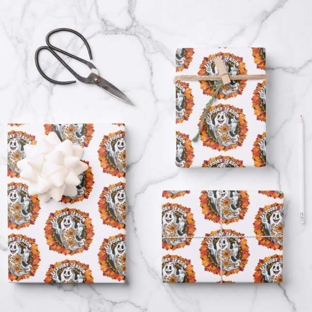 Cute but Scary Hippy Ghost Wrapping Paper Sheets (Front)