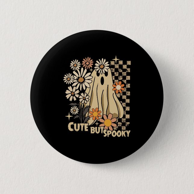 Cute but Spooky Funny Floral Halloween Ghost Check Button (Front)