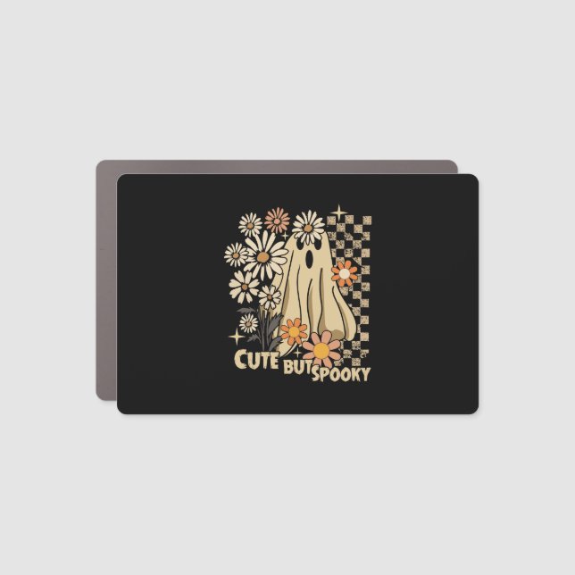 Cute but Spooky Funny Floral Halloween Ghost Check Car Magnet (Front)