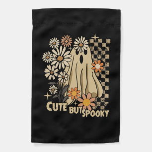Cute but Spooky Funny Floral Halloween Ghost Check Garden Flag