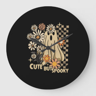 Cute but Spooky Funny Floral Halloween Ghost Check Large Clock