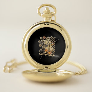 Cute but Spooky Funny Floral Halloween Ghost Check Pocket Watch
