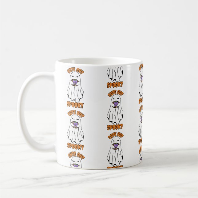 Cute but Spooky Halloween Ghost Holding a Pumpkin  Coffee Mug (Left)