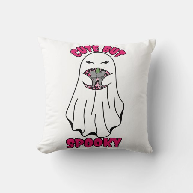 Cute but Spooky Halloween Ghost Holding a Pumpkin  Throw Pillow (Front)