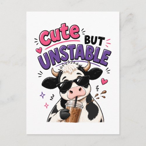 Cute but unstable cow with iced coffee postcard